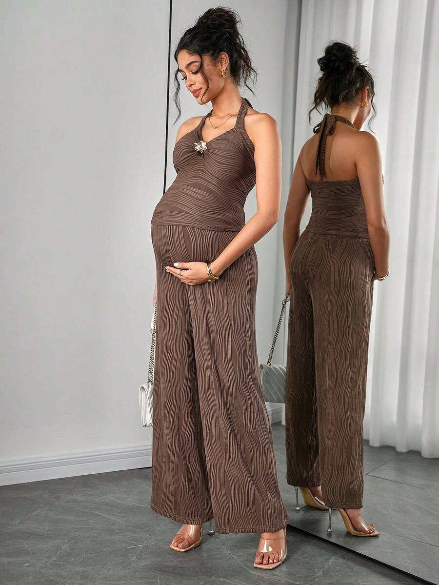 Maternity 2-Piece Set Mocha Brown Halter Bowknot Cami Bra Top and Adjustable Elastic Straight Leg Patterned Pants