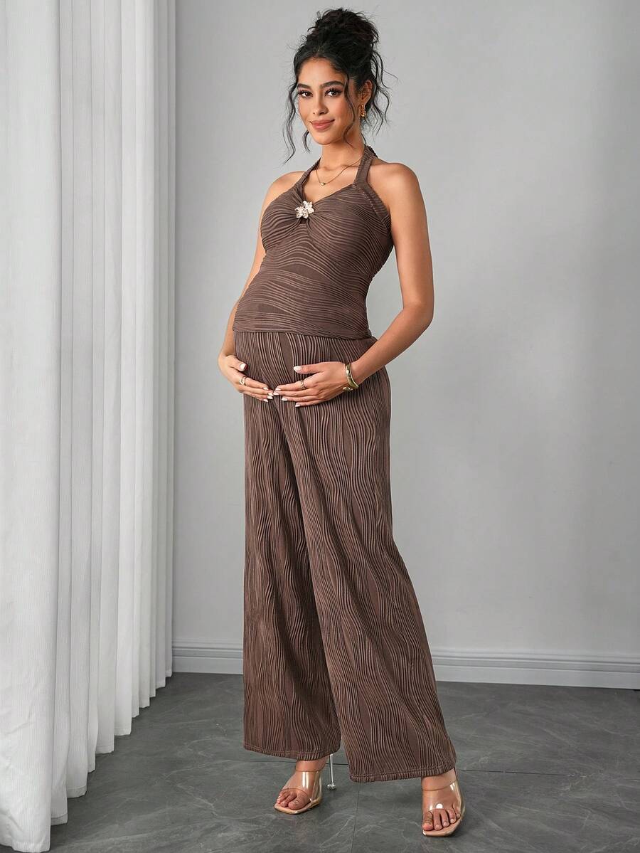 Maternity 2-Piece Set Mocha Brown Halter Bowknot Cami Bra Top and Adjustable Elastic Straight Leg Patterned Pants