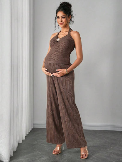 Maternity 2-Piece Set Mocha Brown Halter Bowknot Cami Bra Top and Adjustable Elastic Straight Leg Patterned Pants
