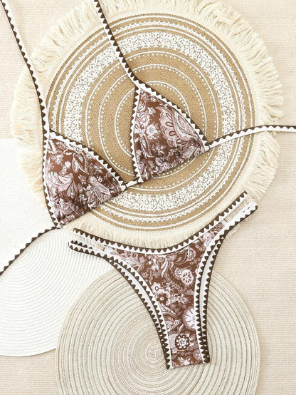 Women's 2-Piece Boho Halter Bikini Set - Tie Back, High Cut, Plant Print, Blue