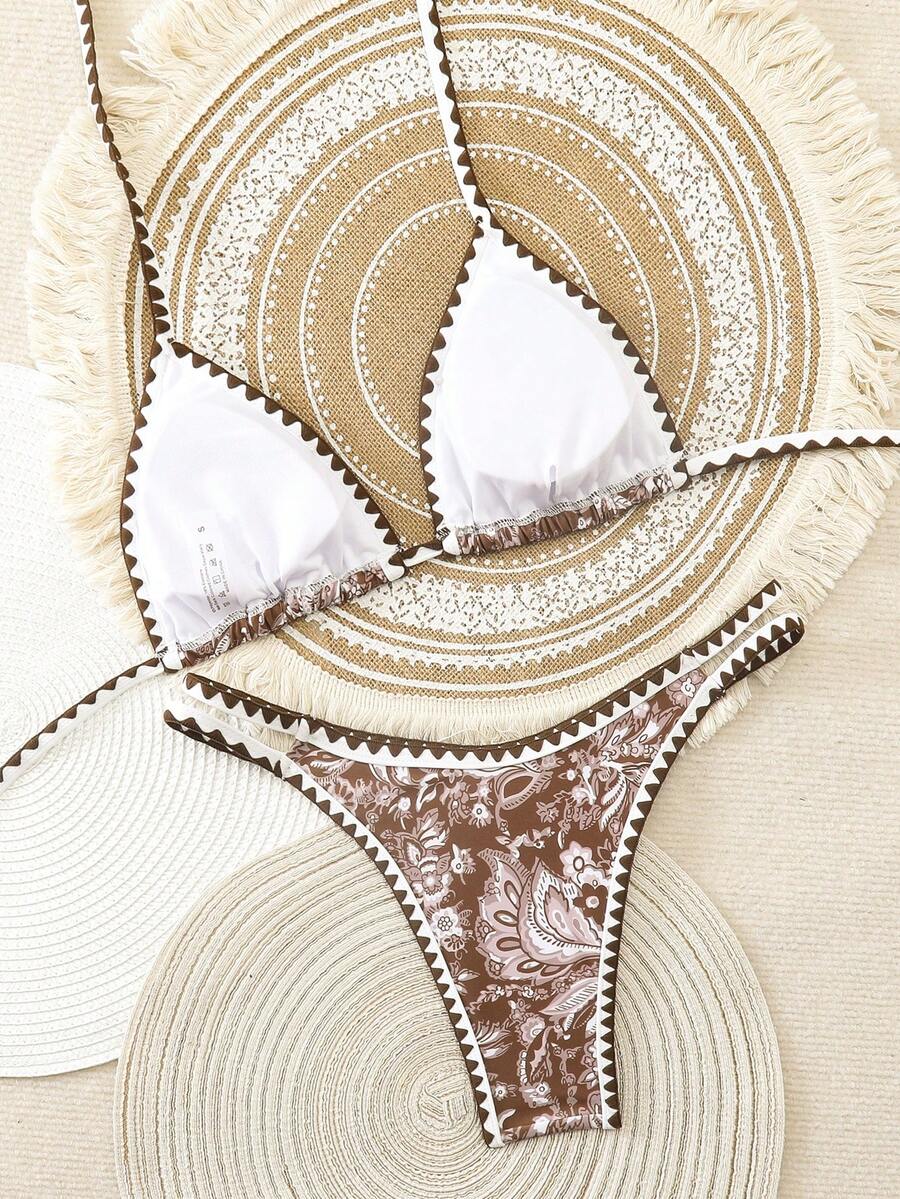 Women's 2-Piece Boho Halter Bikini Set - Tie Back, High Cut, Plant Print, Blue