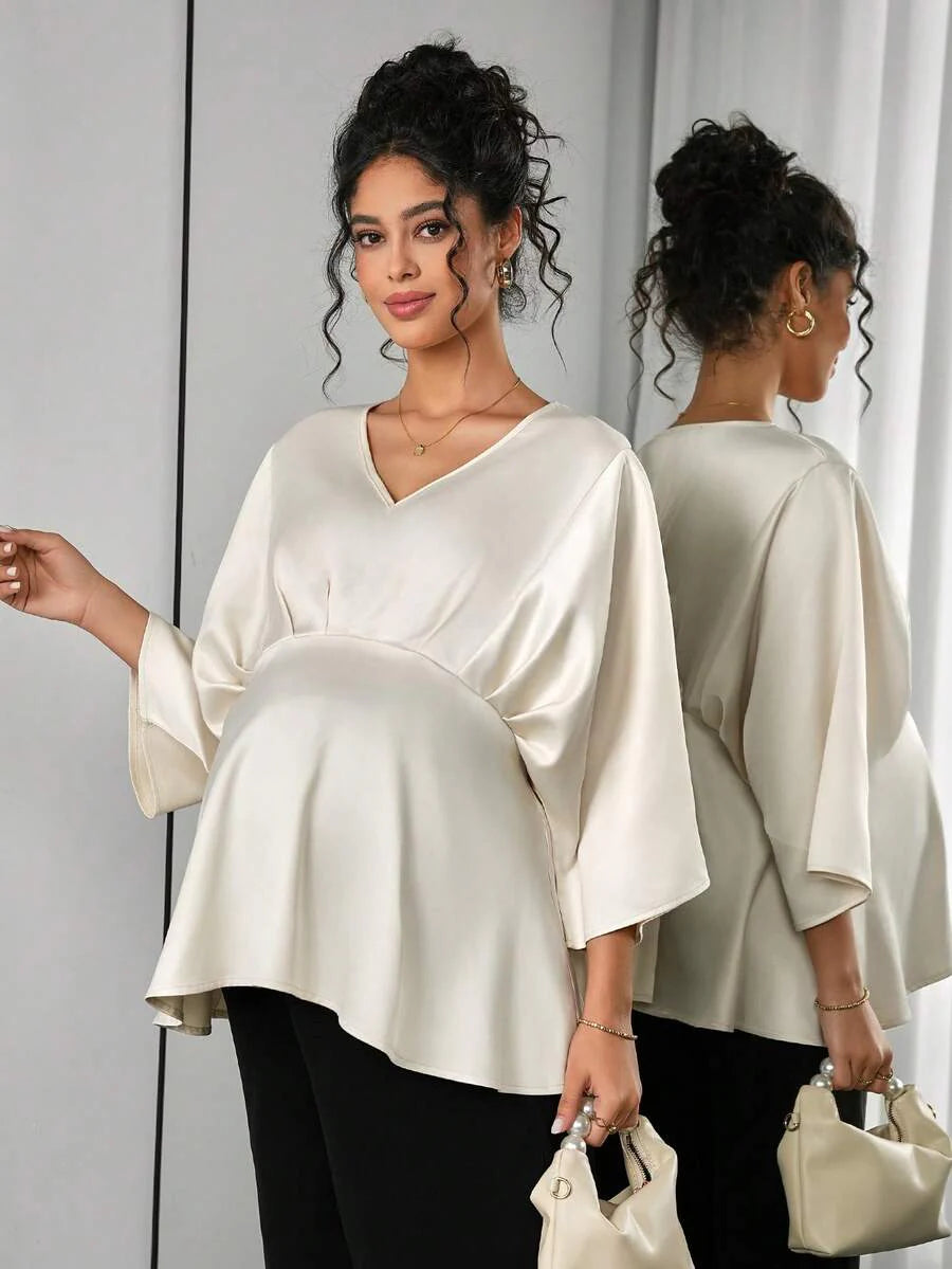 Maternity Elegant Blouse - V Neck, Batwing Three Quarter Sleeve, Asymmetric Hem, White