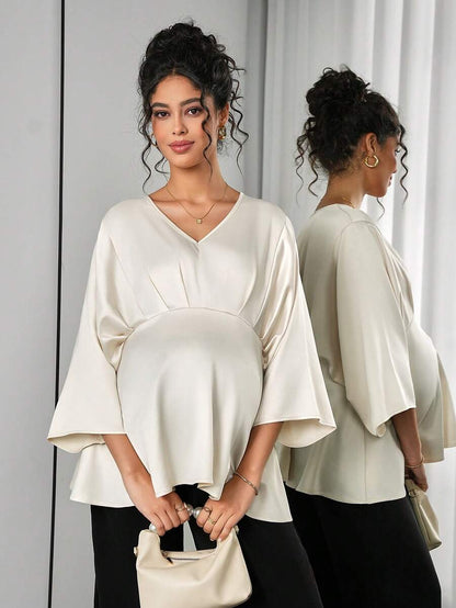 Maternity Elegant Blouse - V Neck, Batwing Three Quarter Sleeve, Asymmetric Hem, White