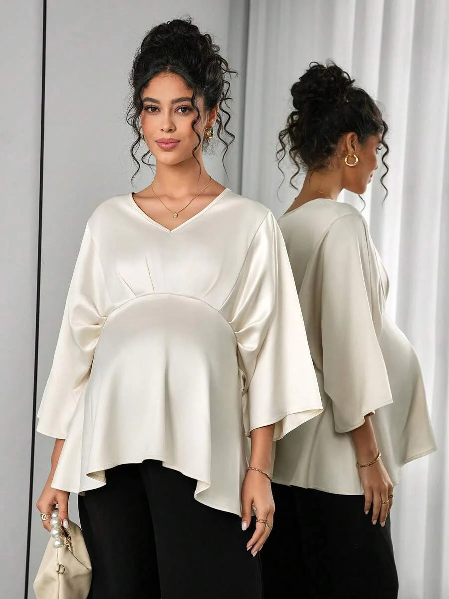 Maternity Elegant Blouse - V Neck, Batwing Three Quarter Sleeve, Asymmetric Hem, White