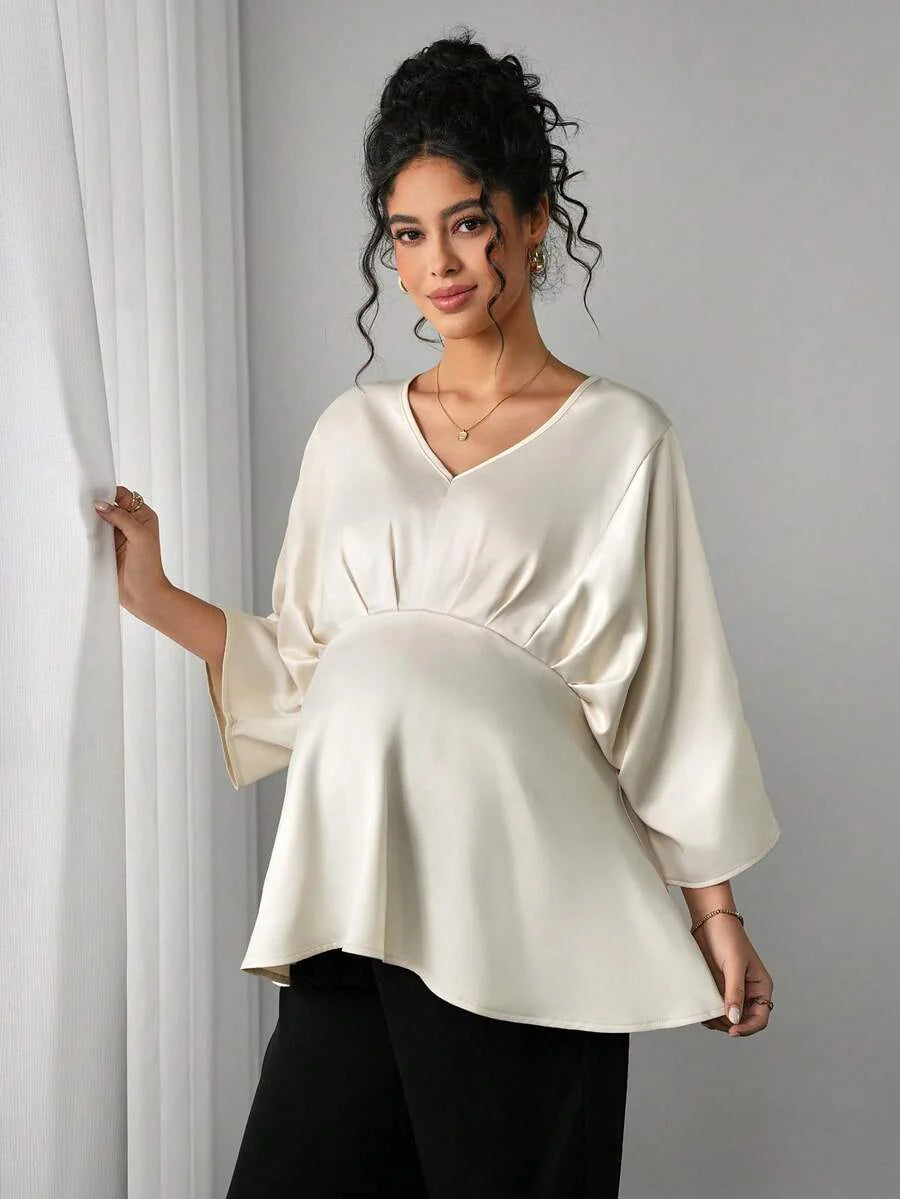 Maternity Elegant Blouse - V Neck, Batwing Three Quarter Sleeve, Asymmetric Hem, White