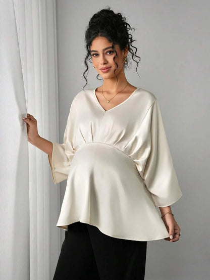 Maternity Elegant Blouse - V Neck, Batwing Three Quarter Sleeve, Asymmetric Hem, White