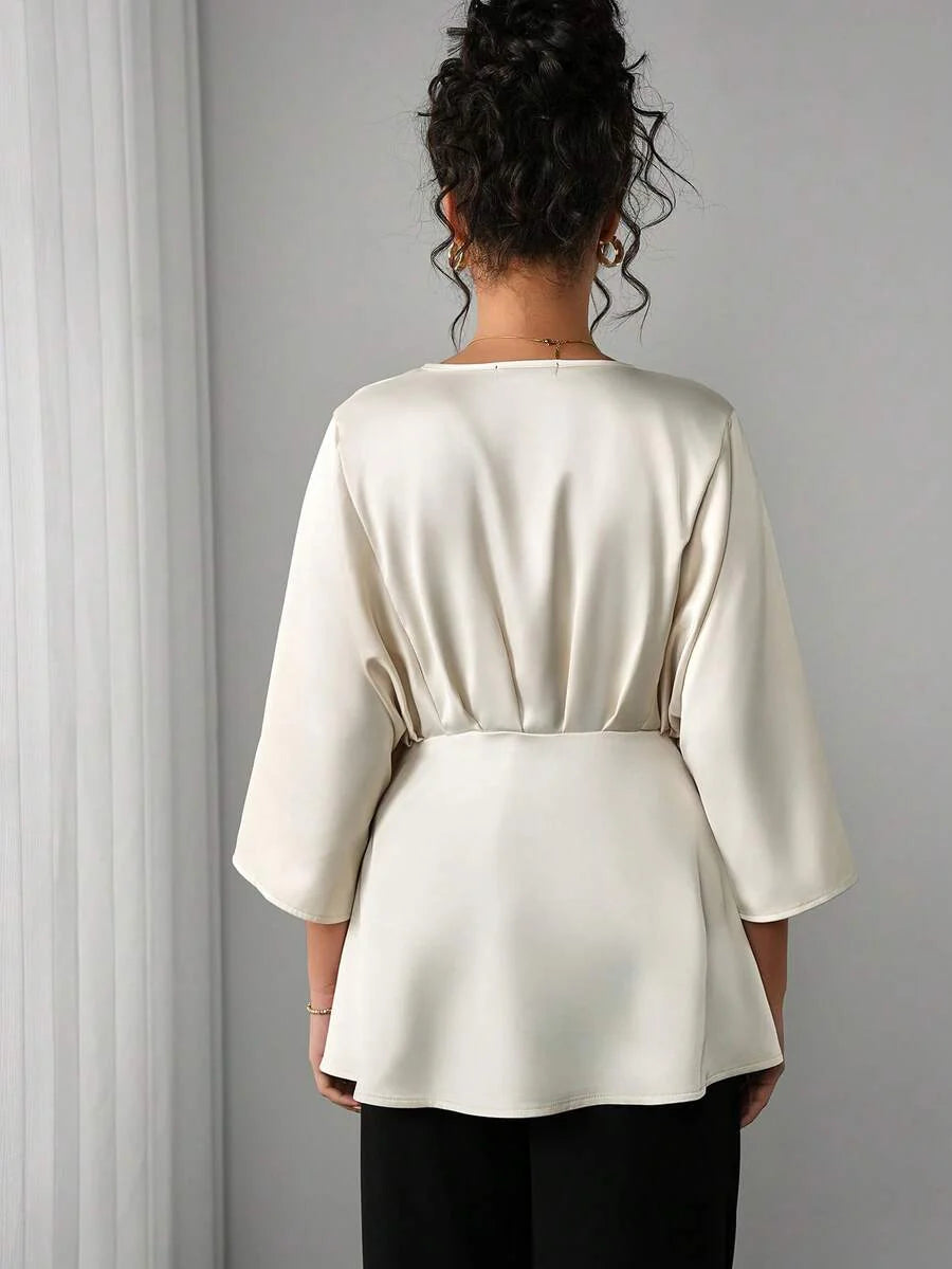 Maternity Elegant Blouse - V Neck, Batwing Three Quarter Sleeve, Asymmetric Hem, White
