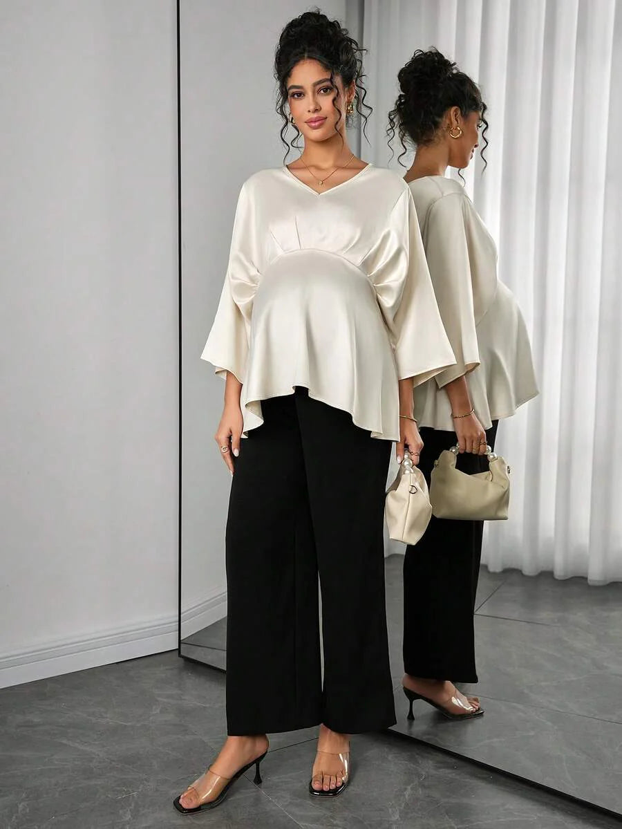 Maternity Elegant Blouse - V Neck, Batwing Three Quarter Sleeve, Asymmetric Hem, White