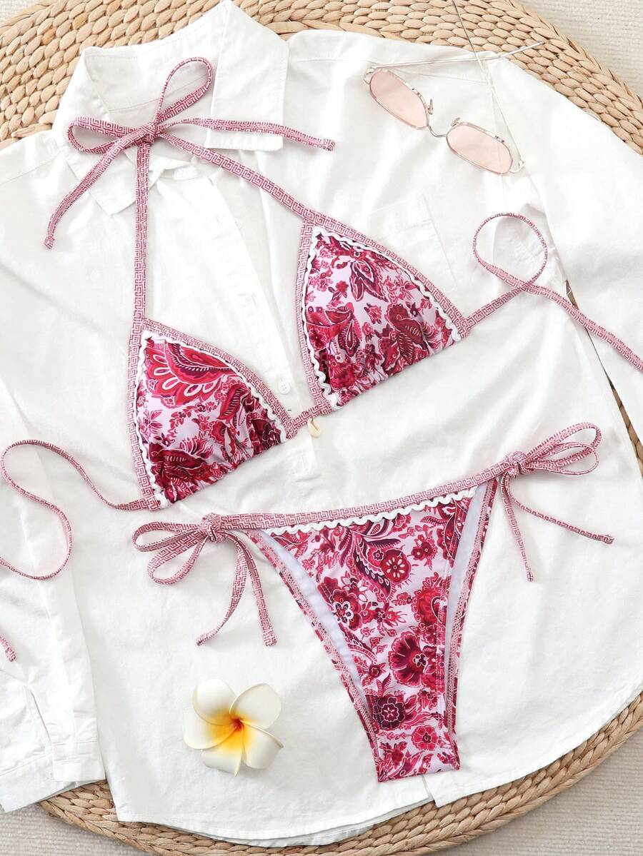 Women's 2-Piece Boho Halter Bikini Set - Tie Side, Floral Print, Blue and White