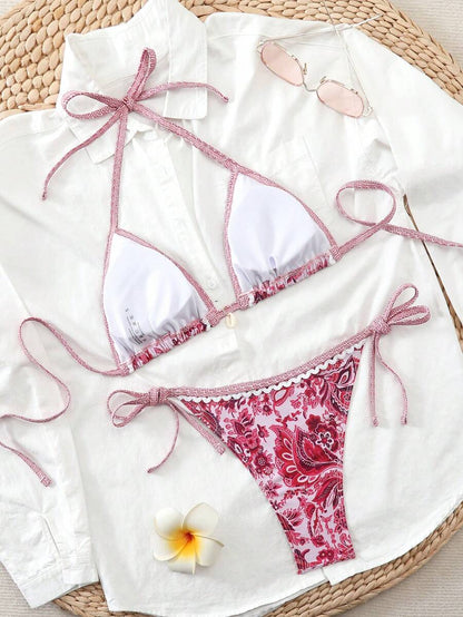 Women's 2-Piece Boho Halter Bikini Set - Tie Side, Floral Print, Blue and White