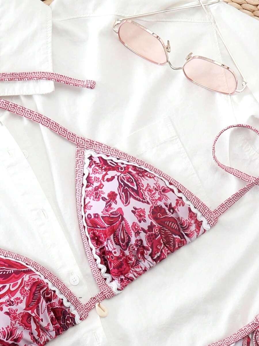 Women's 2-Piece Boho Halter Bikini Set - Tie Side, Floral Print, Blue and White