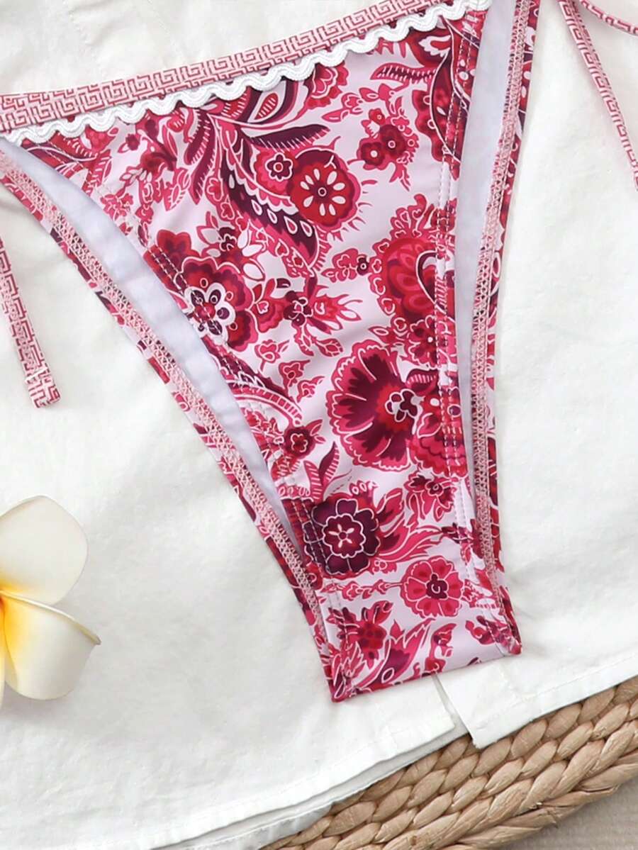 Women's 2-Piece Boho Halter Bikini Set - Tie Side, Floral Print, Blue and White