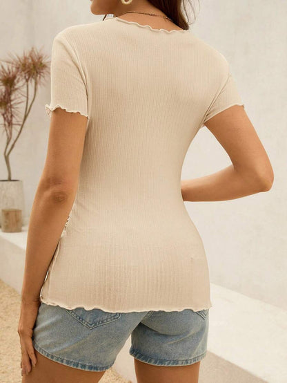 Maternity Ribbed Lettuce-Edge Form-Fitting Short Sleeve Top