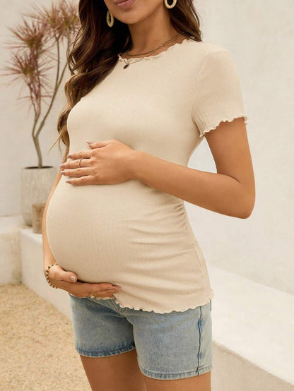 Maternity T-Shirt - Summer White Ribbed Lettuce-Edge Form-Fitting Short Sleeve, Soft Stretch