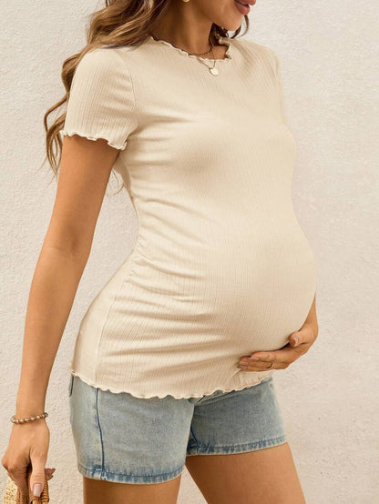 Maternity White Ribbed Summer Top - Lettuce-Edge Form-Fitting Short Sleeve