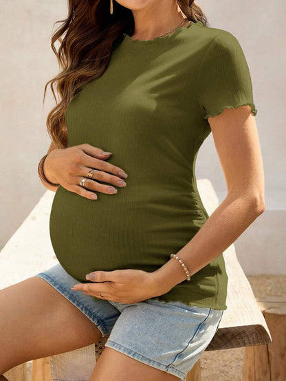 Maternity White Ribbed Summer Top - Lettuce-Edge Form-Fitting Short Sleeve