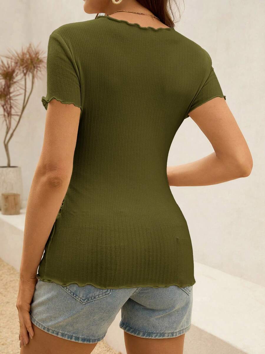 Maternity White Ribbed Summer Top - Lettuce-Edge Form-Fitting Short Sleeve