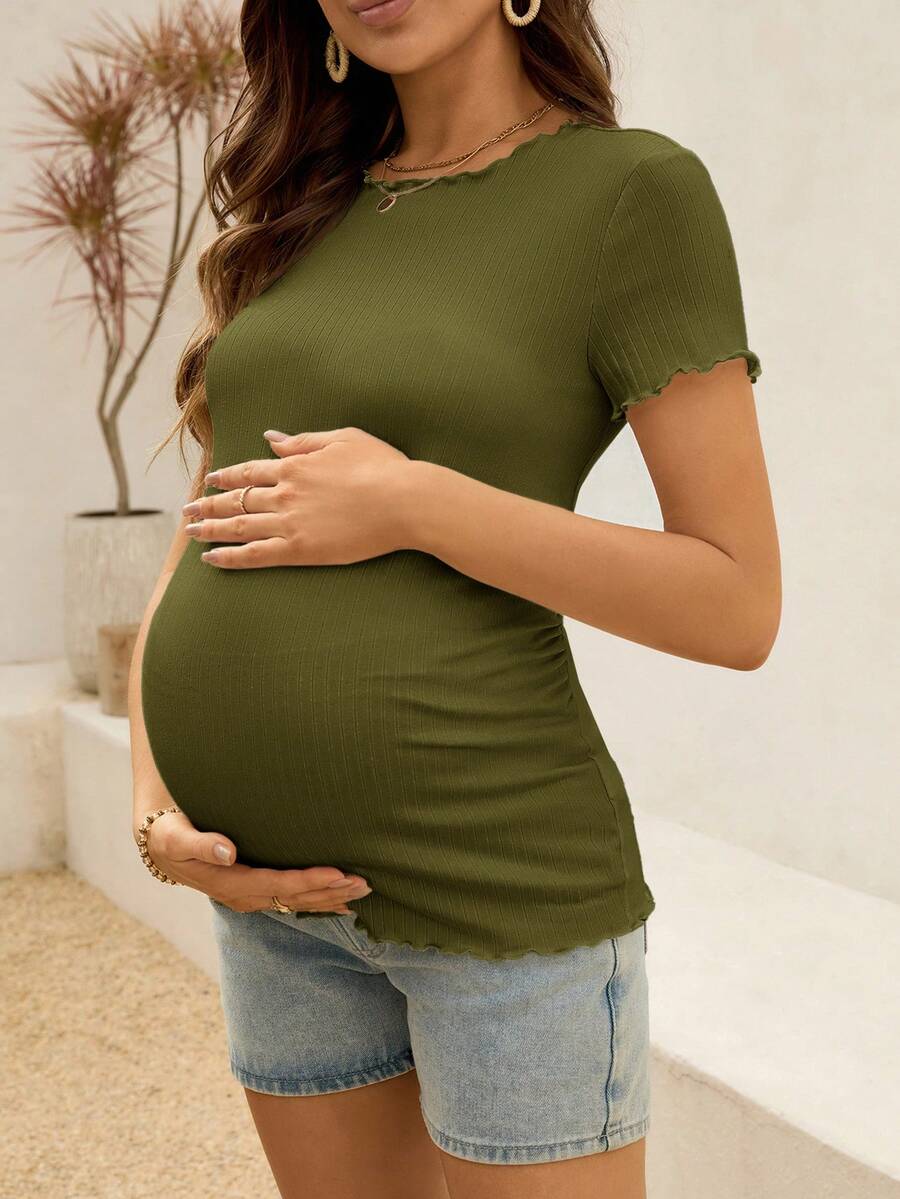 Maternity Ribbed Lettuce-Edge Form-Fitting Short Sleeve Top