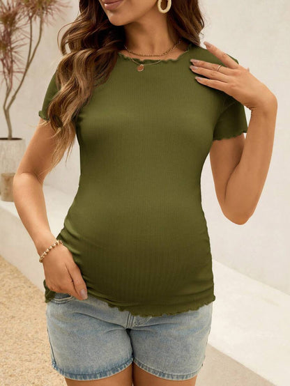 Maternity T-Shirt - Summer White Ribbed Lettuce-Edge Form-Fitting Short Sleeve, Soft Stretch
