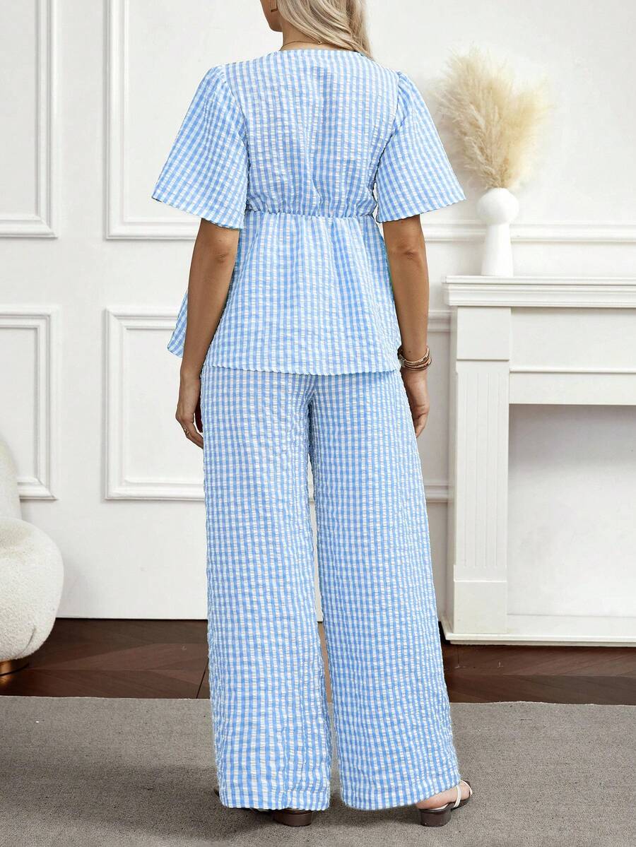 Maternity 2-Piece Plaid Lounge Set - Baby Blue Lace-Up Ruffle Blouse and Wide Leg Pants Set