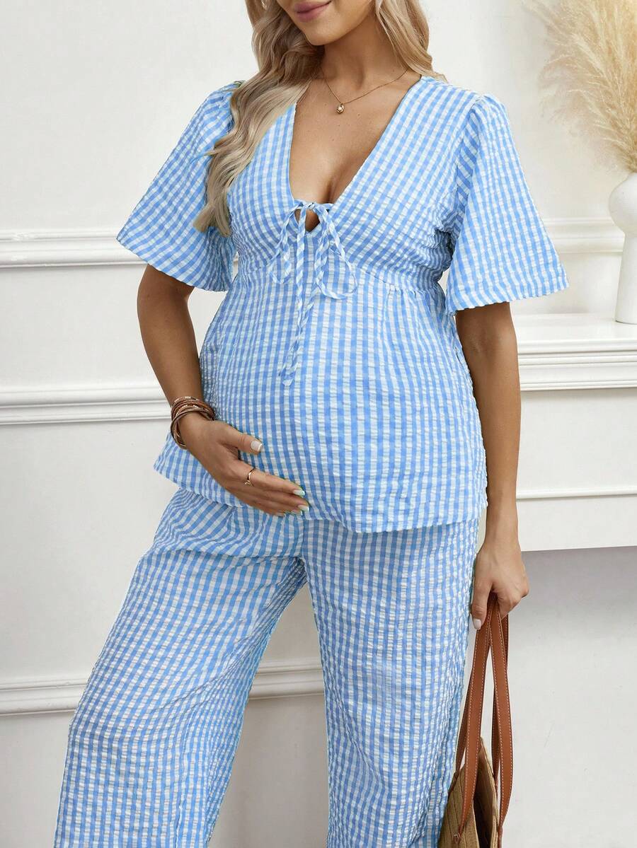 Maternity 2-Piece Plaid Lounge Set - Baby Blue Lace-Up Ruffle Blouse and Wide Leg Pants Set