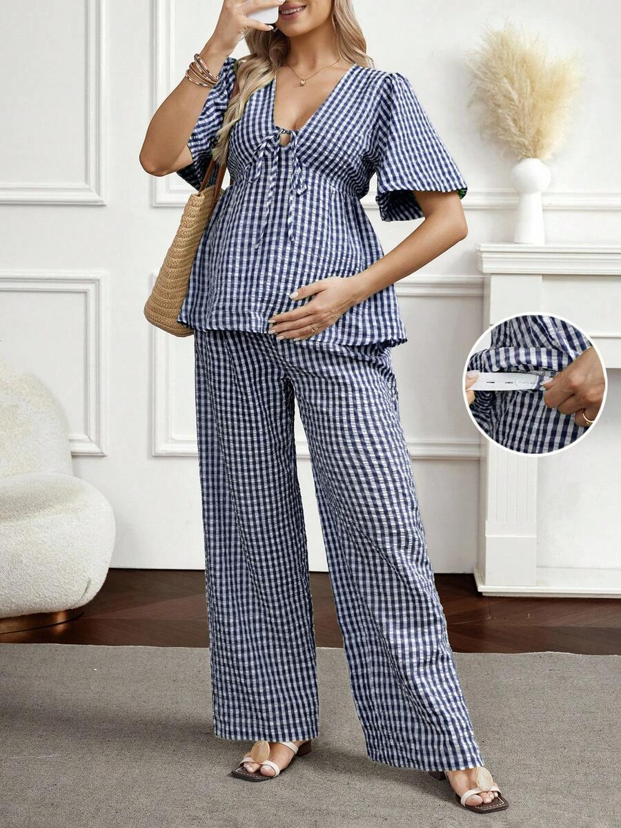 Maternity 2-Piece Plaid Lounge Set - Baby Blue Lace-Up Ruffle Blouse and Wide Leg Pants Set
