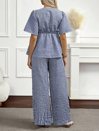 Maternity 2-Piece Plaid Lounge Set - Baby Blue Lace-Up Ruffle Blouse and Wide Leg Pants Set
