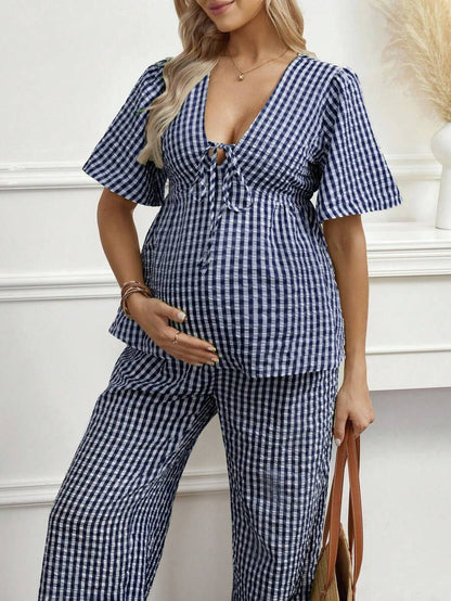 Maternity 2-Piece Plaid Lounge Set - Baby Blue Lace-Up Ruffle Blouse and Wide Leg Pants Set