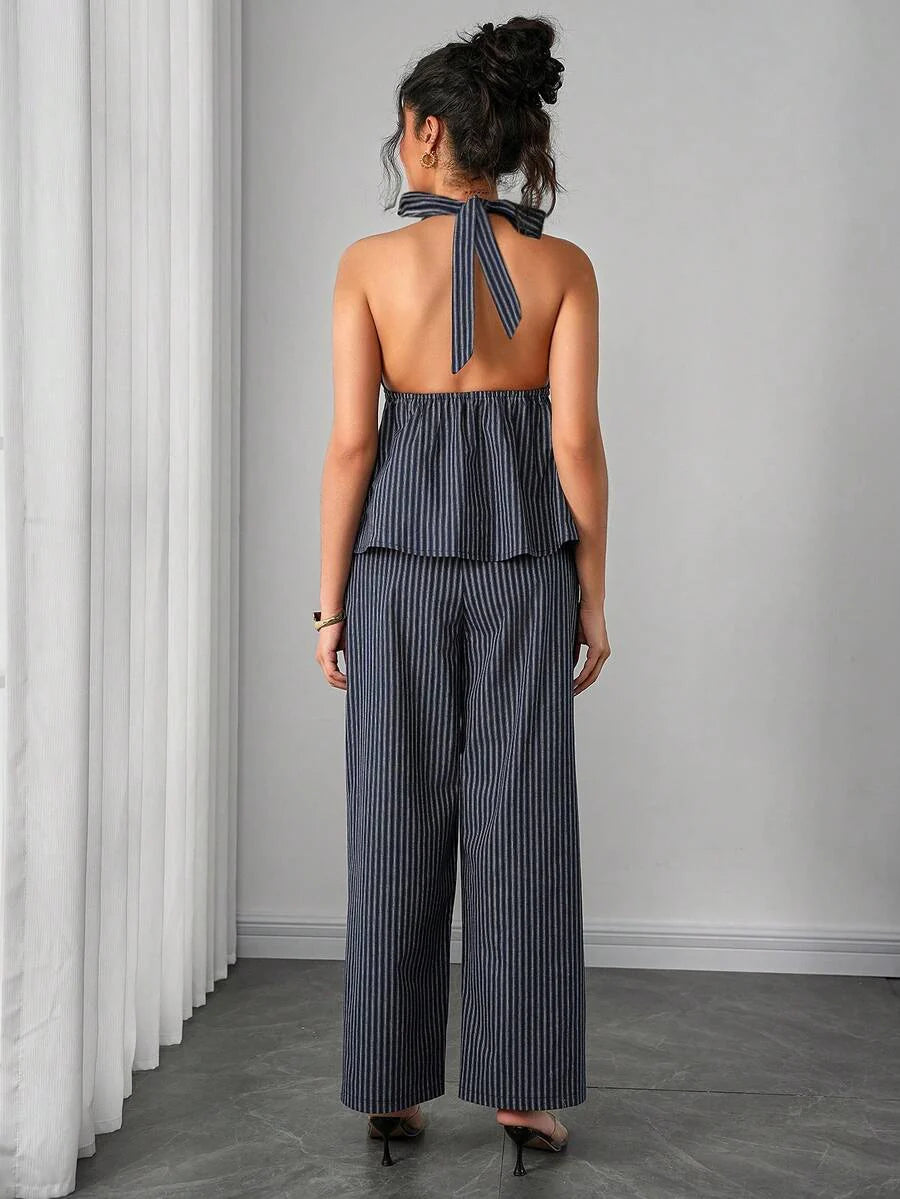 Maternity 2-Piece Set - Halter Tie Back Top & Striped Straight Pants, Slim Fit, White