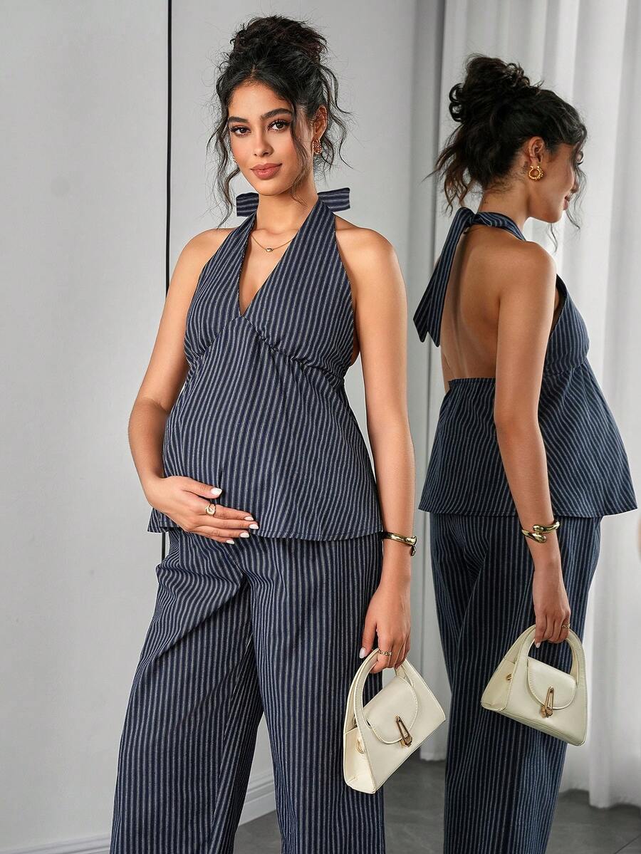Maternity 2-Piece Set - Halter Tie Back Top & Striped Straight Pants, Slim Fit, White