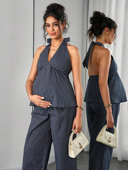 Maternity 2-Piece Set - Halter Tie Back Top & Striped Straight Pants, Slim Fit, White