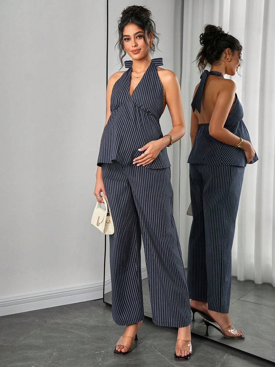 Maternity 2-Piece Set - Halter Tie Back Top & Striped Straight Pants, Slim Fit, White
