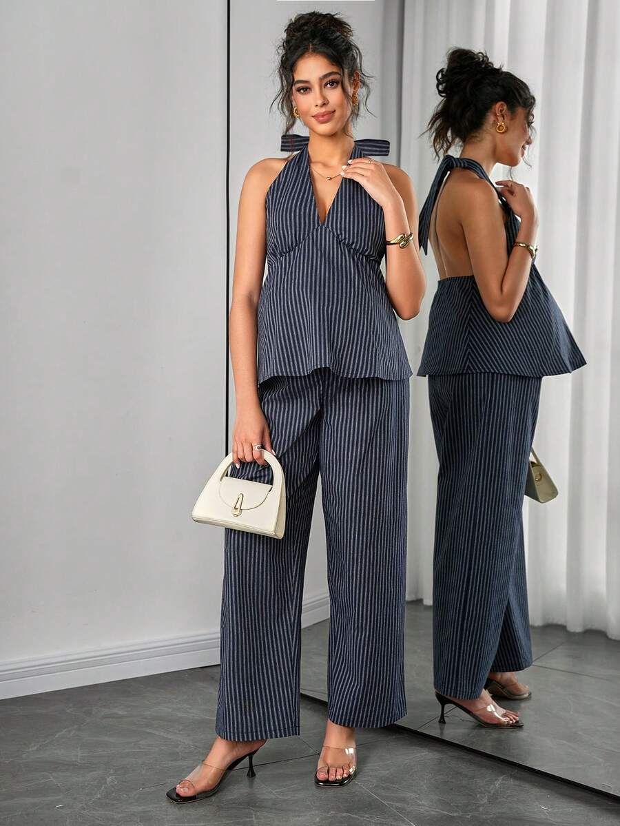 Maternity 2-Piece Set - Halter Tie Back Top & Striped Straight Pants, Slim Fit, White
