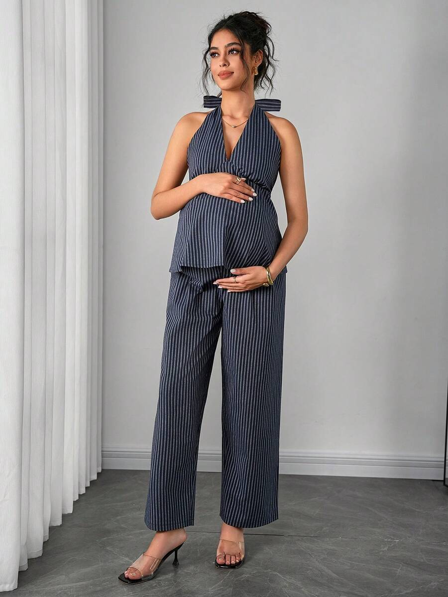 Maternity 2-Piece Set - Halter Tie Back Top & Striped Straight Pants, Slim Fit, White