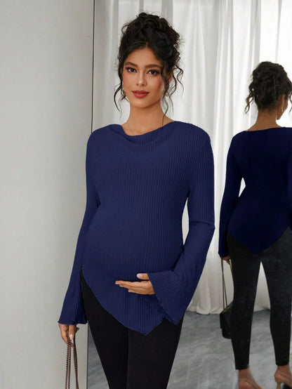 Asymmetrical Neckline Long Sleeve Maternity T-Shirt - Lettuce Hem Ruffle Autumn Winter Top