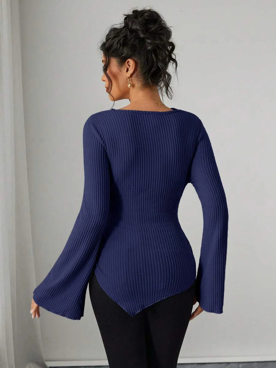 Asymmetrical Neckline Long Sleeve Maternity T-Shirt - Lettuce Hem Ruffle Autumn Winter Top