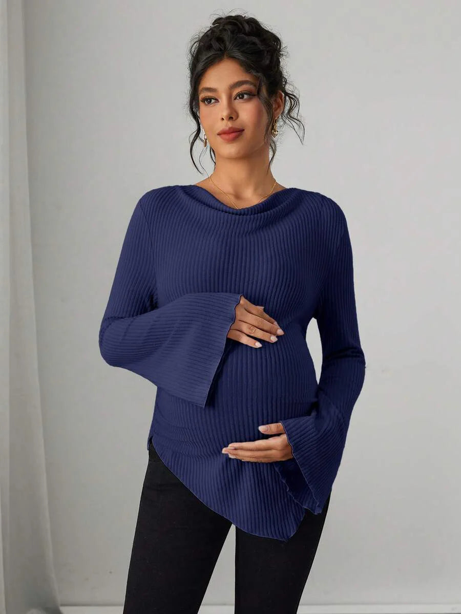 Asymmetrical Neckline Long Sleeve Maternity T-Shirt - Lettuce Hem Ruffle Autumn Winter Top