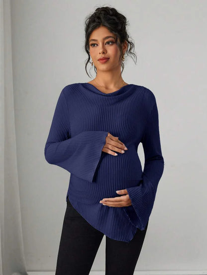 Asymmetrical Neckline Long Sleeve Maternity T-Shirt - Lettuce Hem Ruffle Autumn Winter Top