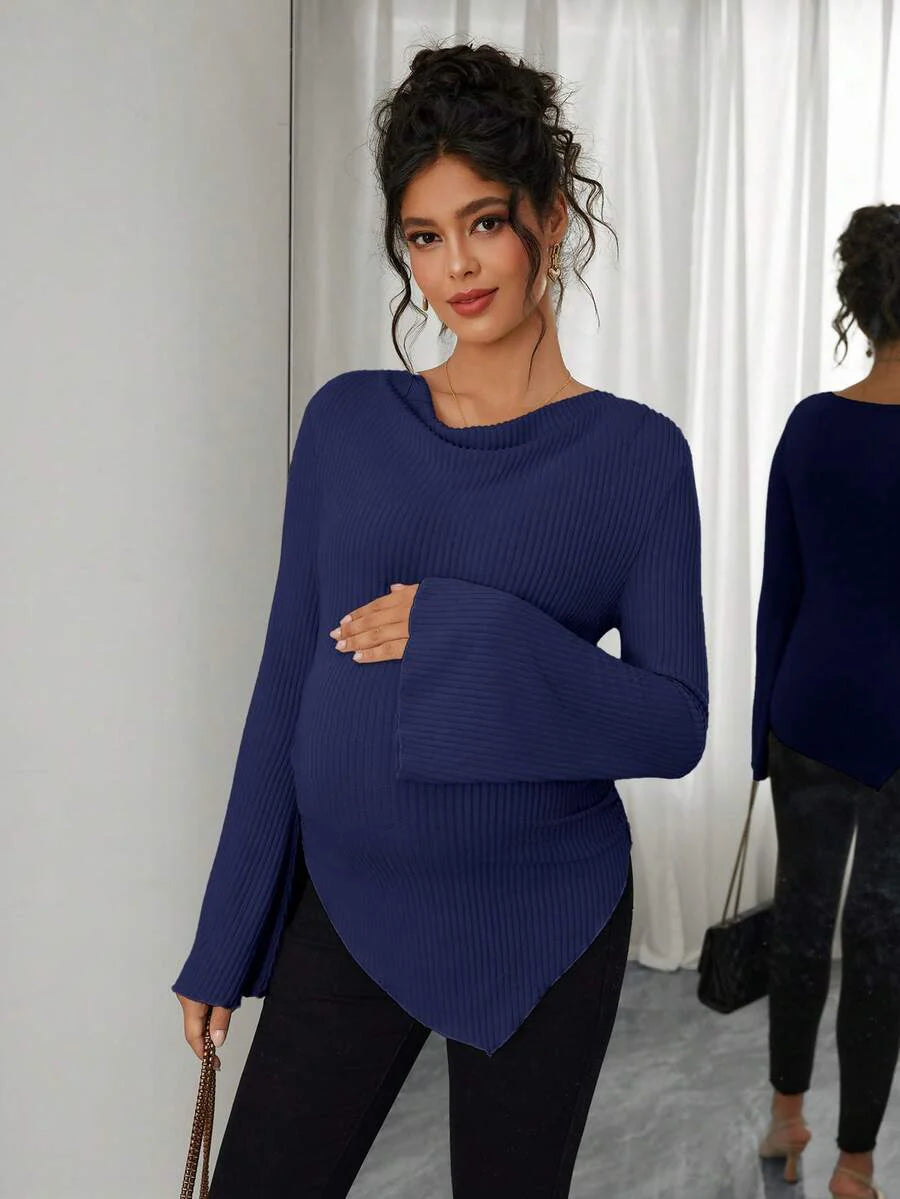 Asymmetrical Neckline Long Sleeve Maternity T-Shirt - Lettuce Hem Ruffle Autumn Winter Top