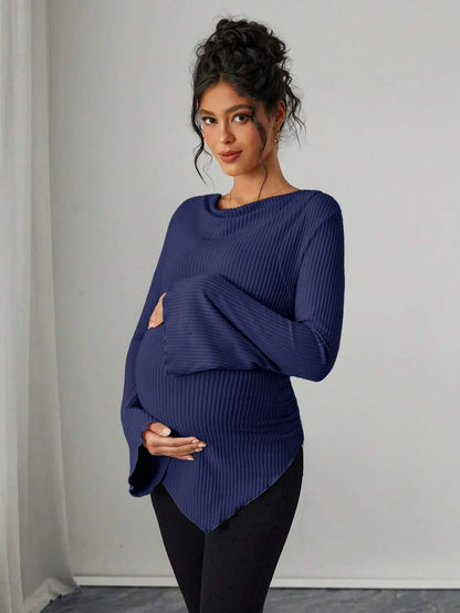 Asymmetrical Neckline Long Sleeve Maternity T-Shirt - Lettuce Hem Ruffle Autumn Winter Top
