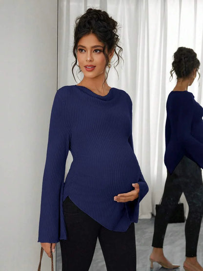 Asymmetrical Neckline Long Sleeve Maternity T-Shirt - Lettuce Hem Ruffle Autumn Winter Top