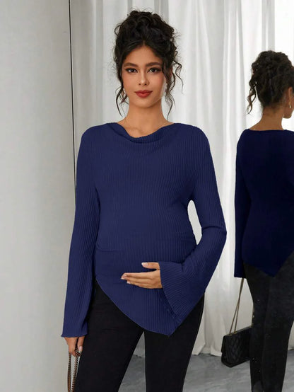 Asymmetrical Neckline Long Sleeve Maternity T-Shirt - Lettuce Hem Ruffle Autumn Winter Top