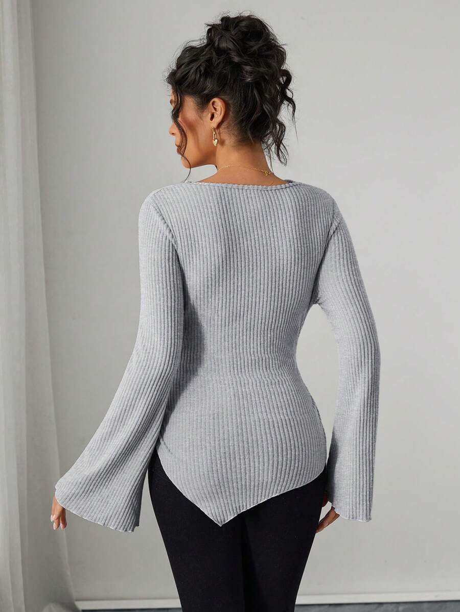 Asymmetrical Neckline Long Sleeve Maternity T-Shirt - Lettuce Hem Ruffle Autumn Winter Top