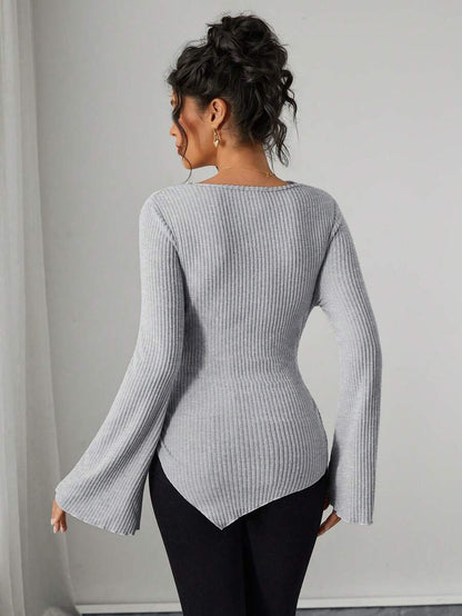 Asymmetrical Neckline Long Sleeve Maternity T-Shirt - Lettuce Hem Ruffle Autumn Winter Top