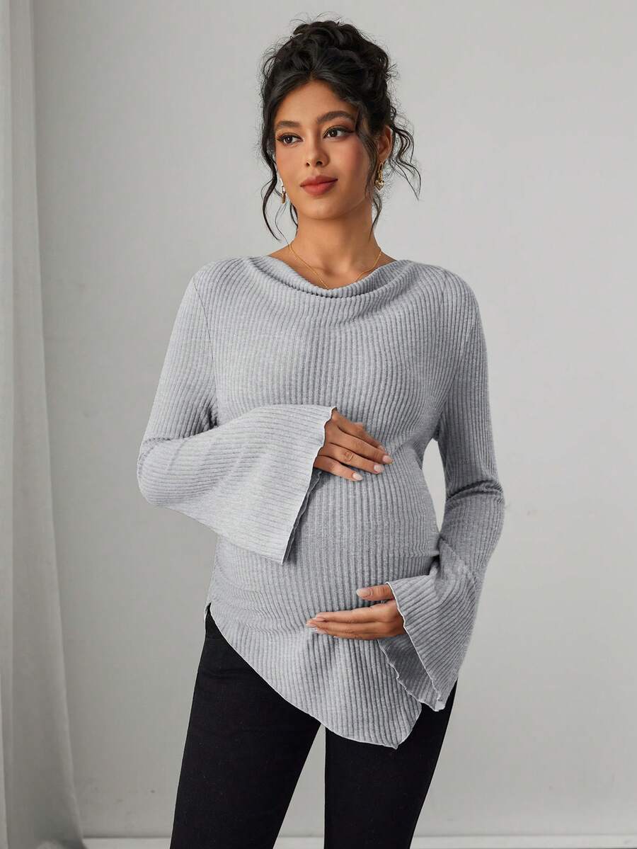 Asymmetrical Neckline Long Sleeve Maternity T-Shirt - Lettuce Hem Ruffle Autumn Winter Top