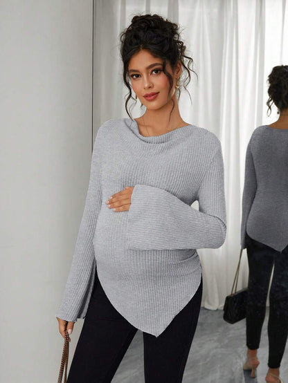 Asymmetrical Neckline Long Sleeve Maternity T-Shirt - Lettuce Hem Ruffle Autumn Winter Top