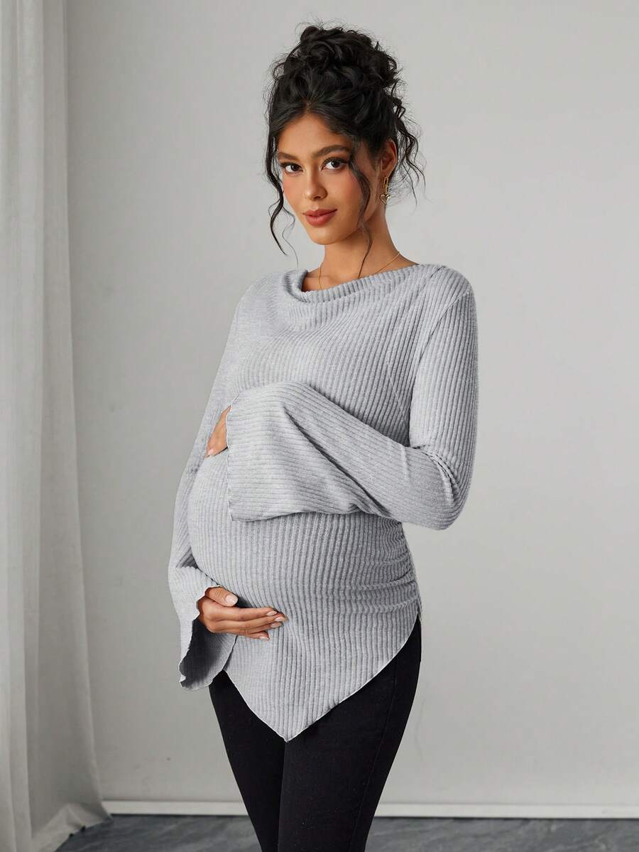 Asymmetrical Neckline Long Sleeve Maternity T-Shirt - Lettuce Hem Ruffle Autumn Winter Top