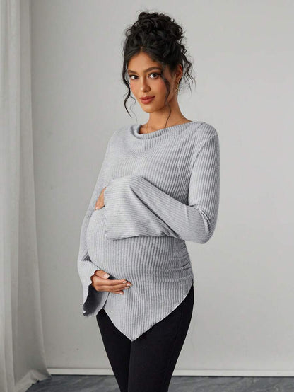 Asymmetrical Neckline Long Sleeve Maternity T-Shirt - Lettuce Hem Ruffle Autumn Winter Top