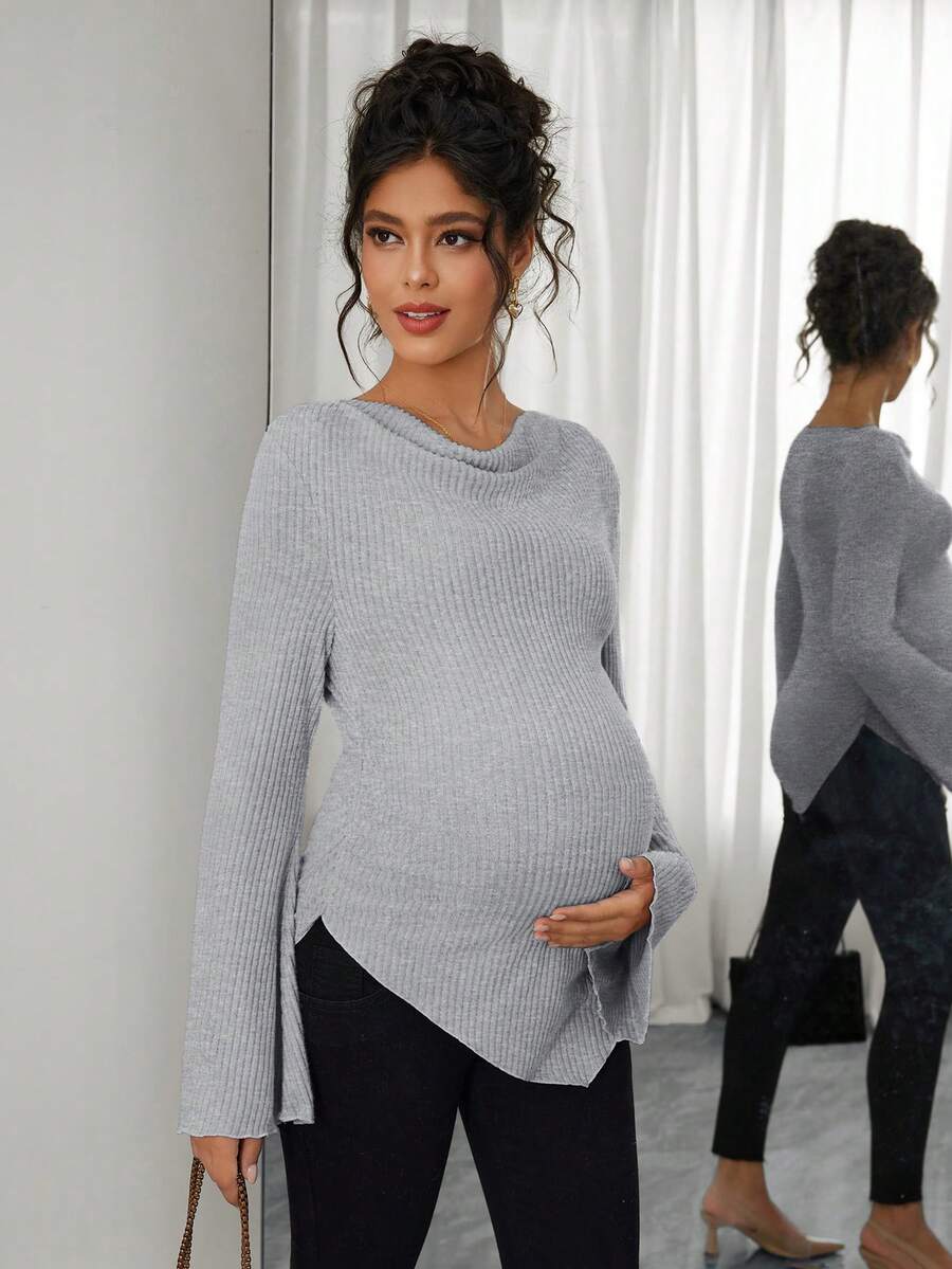 Asymmetrical Neckline Long Sleeve Maternity T-Shirt - Lettuce Hem Ruffle Autumn Winter Top