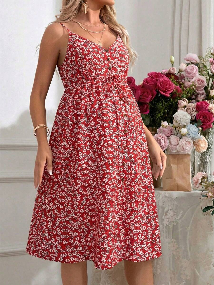 Pink Boho Button Front Cami Dress - Women's Adjustable Spaghetti Strap Cold Shoulder High Waist Flared Knee Length Vacation Dress